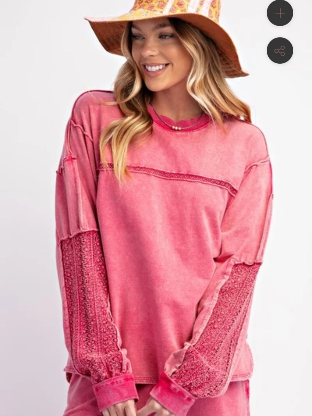 Easel 100% cotton crochet detail terry knit oversized crewneck top small magenta